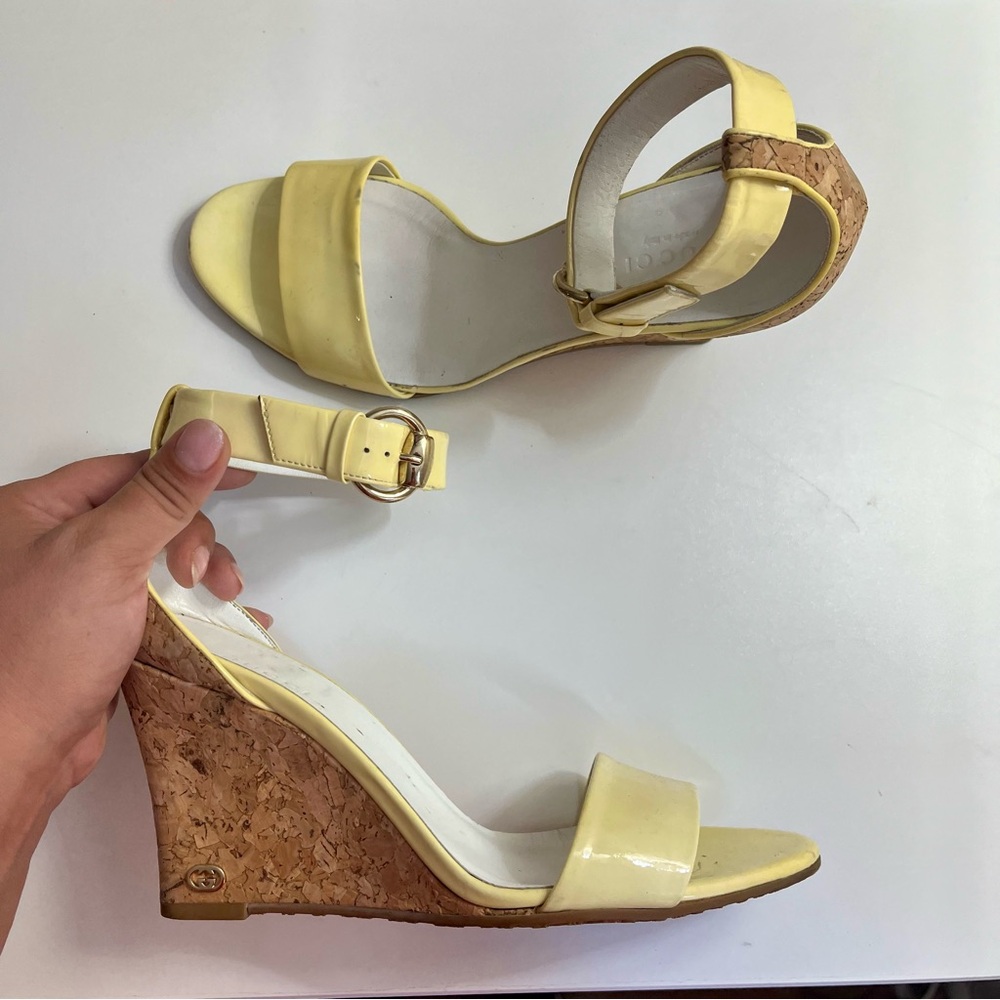 Gucci Patent Leather Cork Wedge Sandals Size 7